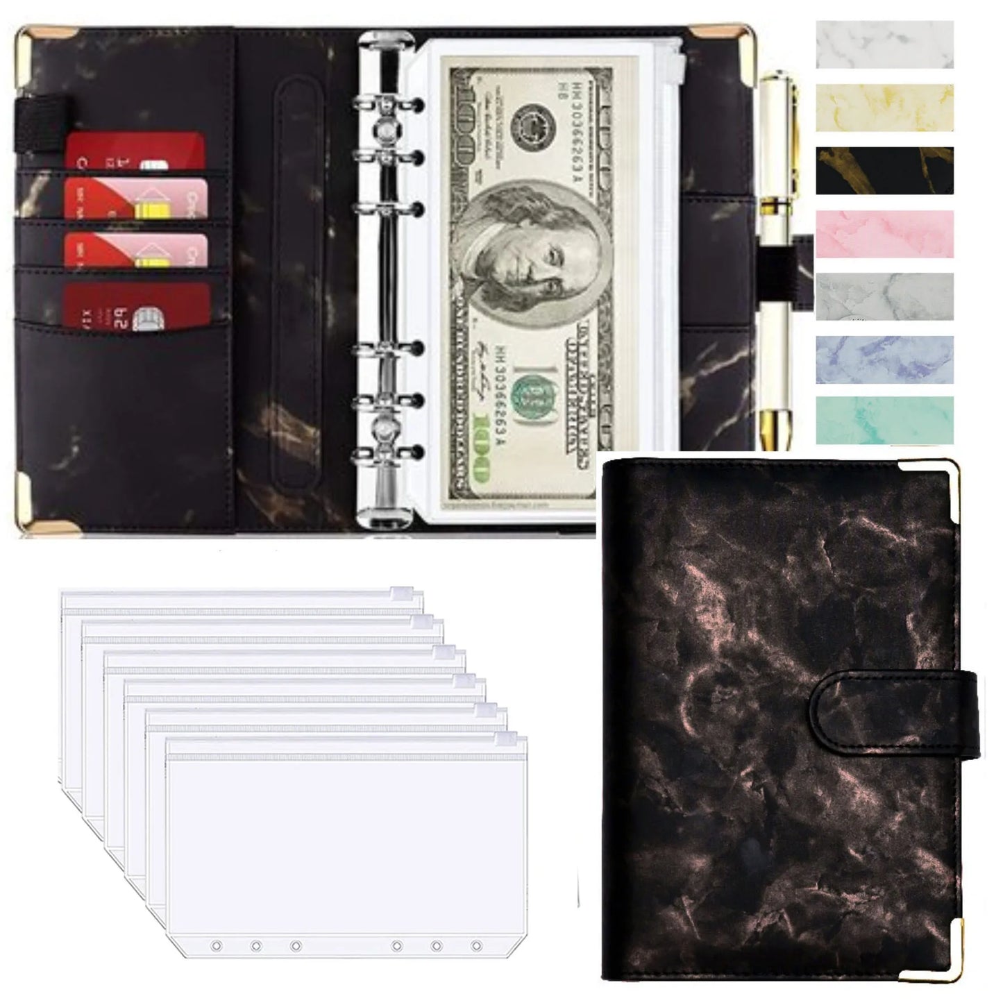 A6 PU Leather Budget Planner Mramor Notebook & Peníze Úspora Organizátor pro kancelář, školu a osobní finance