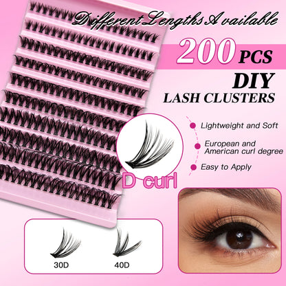 Kit pro rozšíření řasy - 200PCS Lash Clusters with Lash Bond & Seal, Professional Make-up Tools for Gluing Lashes