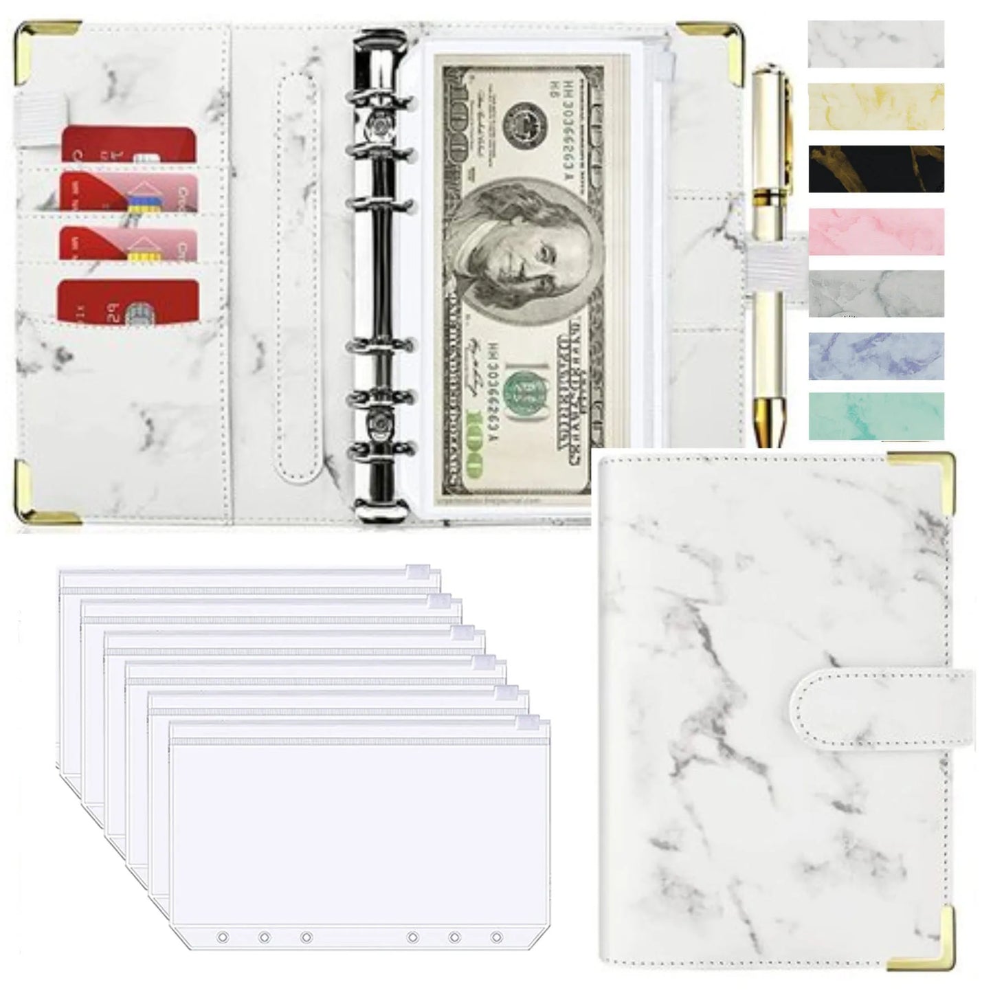 A6 PU Leather Budget Planner Mramor Notebook & Peníze Úspora Organizátor pro kancelář, školu a osobní finance