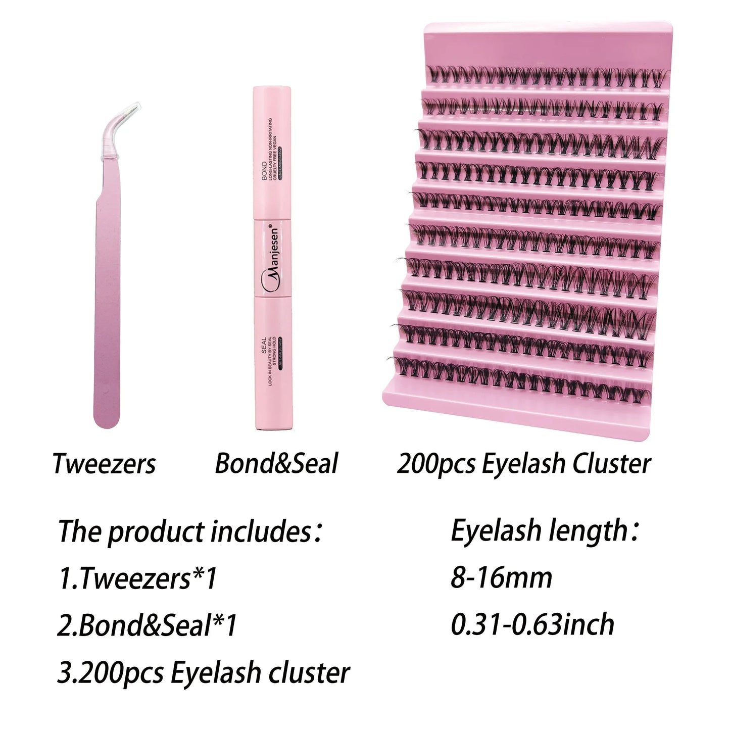 Kit pro rozšíření řasy - 200PCS Lash Clusters with Lash Bond & Seal, Professional Make-up Tools for Gluing Lashes