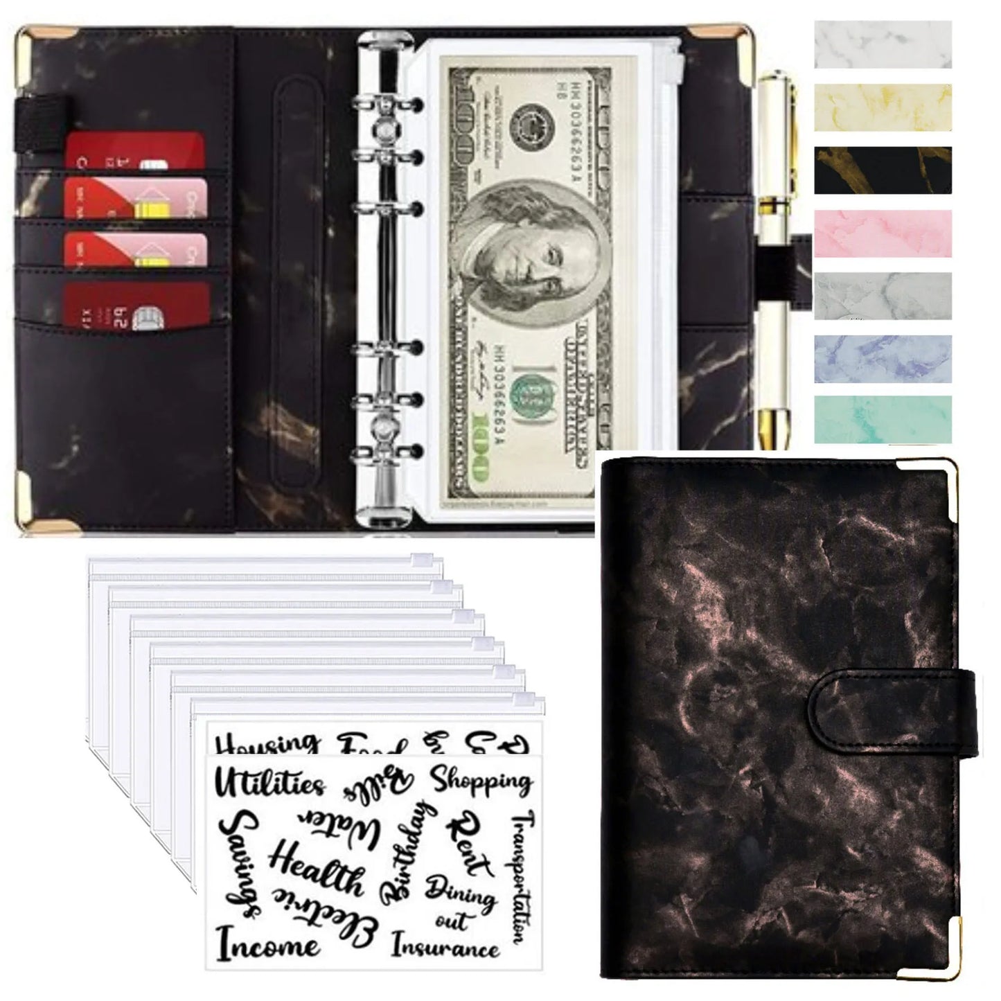 A6 PU Leather Budget Planner Mramor Notebook & Peníze Úspora Organizátor pro kancelář, školu a osobní finance