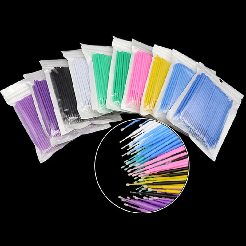 100PCS Eyelash Cleaning Brushes – Micro Cotton Swabs for Lash Extensions & Makeup Removal