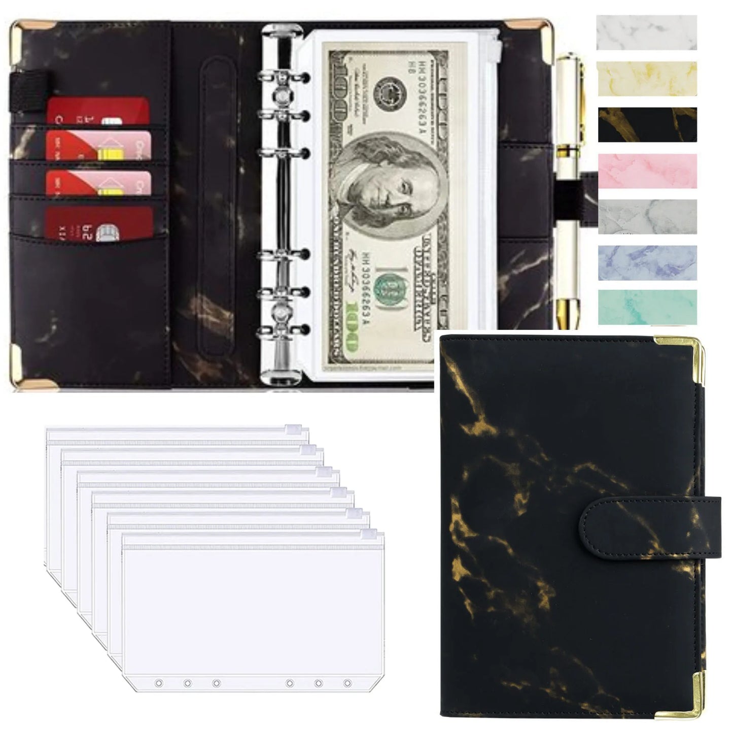 A6 PU Leather Budget Planner Mramor Notebook & Peníze Úspora Organizátor pro kancelář, školu a osobní finance