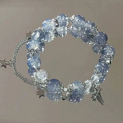 Niche Design Star Chain Tassel Bracelet – Fantasy Blue Crystal Beads Elastic Rope Bracelet for Women